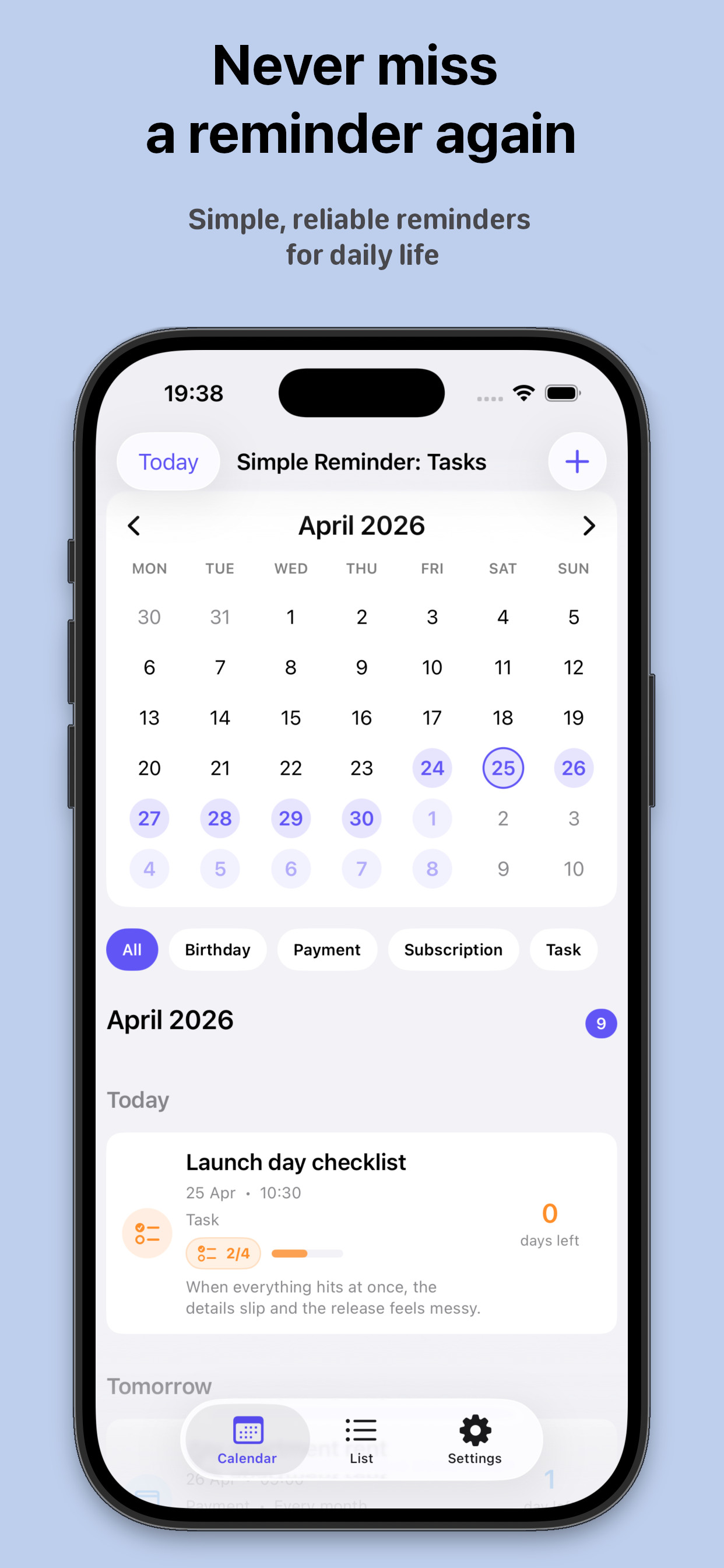 Your reminders on a calendar